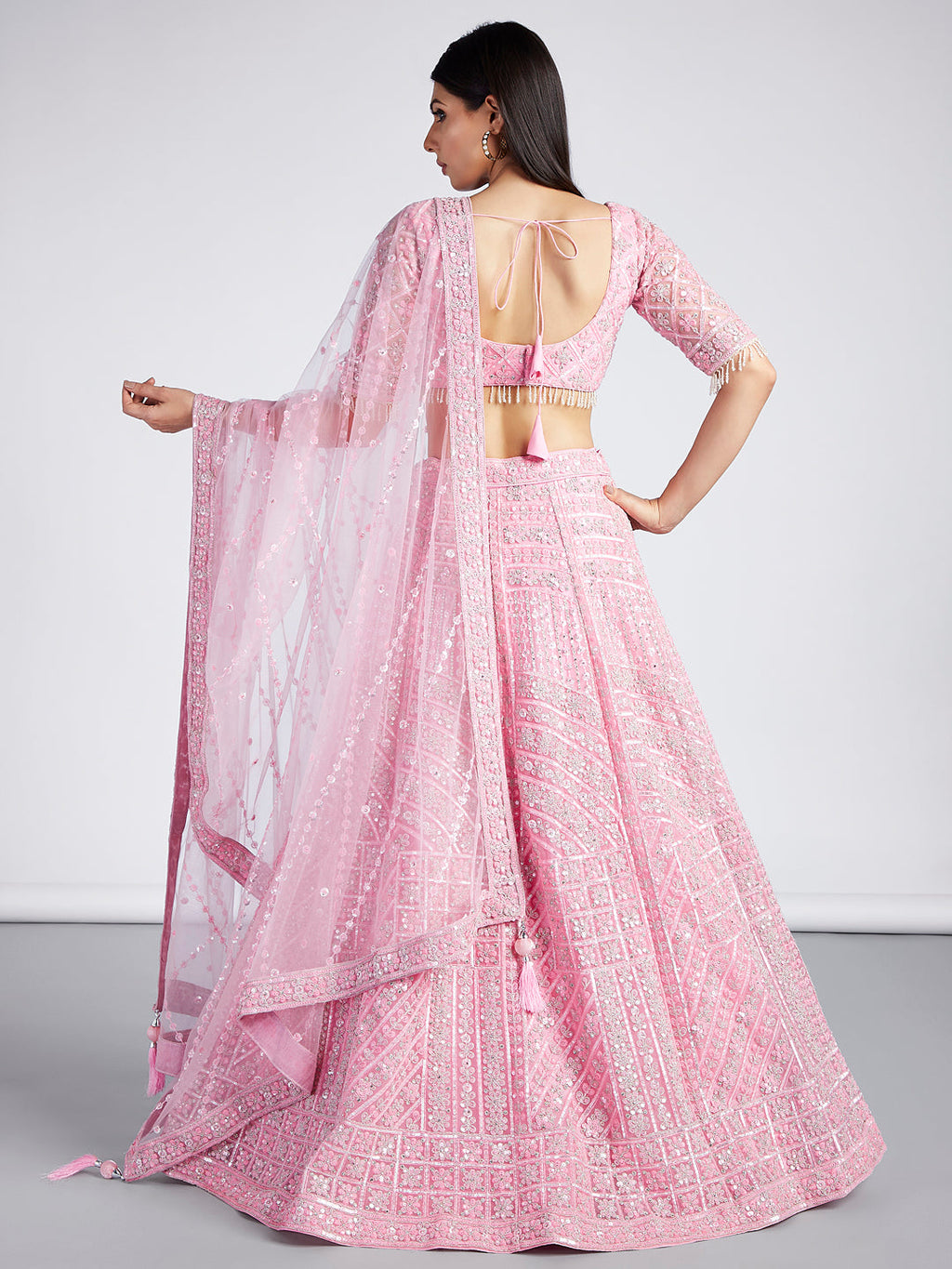 House of Panchhi Pink Net Sequins, Zarkan And Thread Embroidery Lehenga Choli & Dupatta