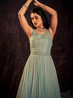 Myra Light Blue Real Georgette Designer Gown Style Suit - Distacart