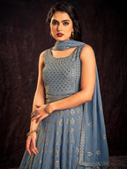 Myra Blue Real Georgette Designer Gown Style Suit - Distacart