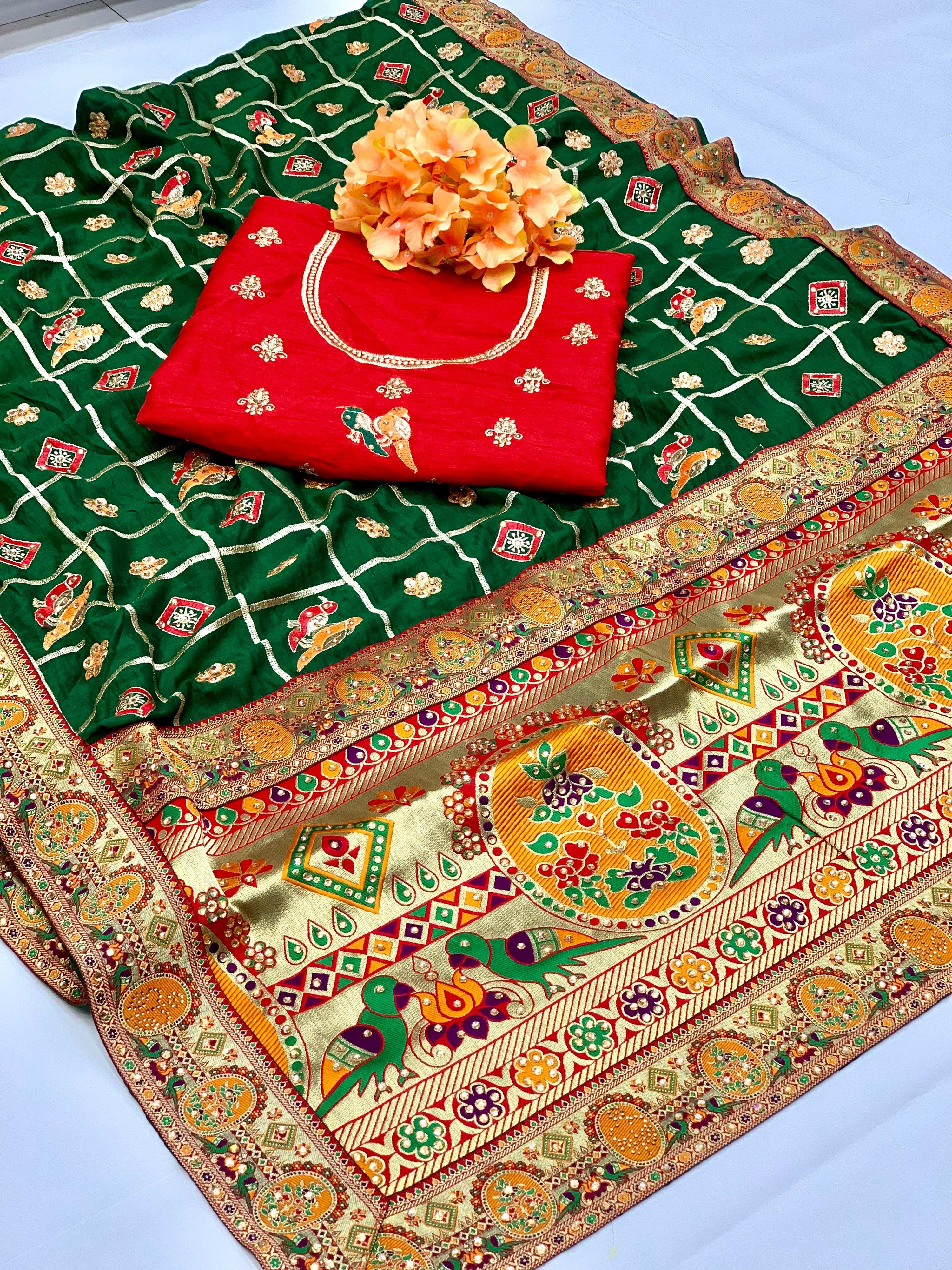 Lorenvalley Fashion Premium Green Vichitra Silk Embroidery and Diamond work Both Side Saree