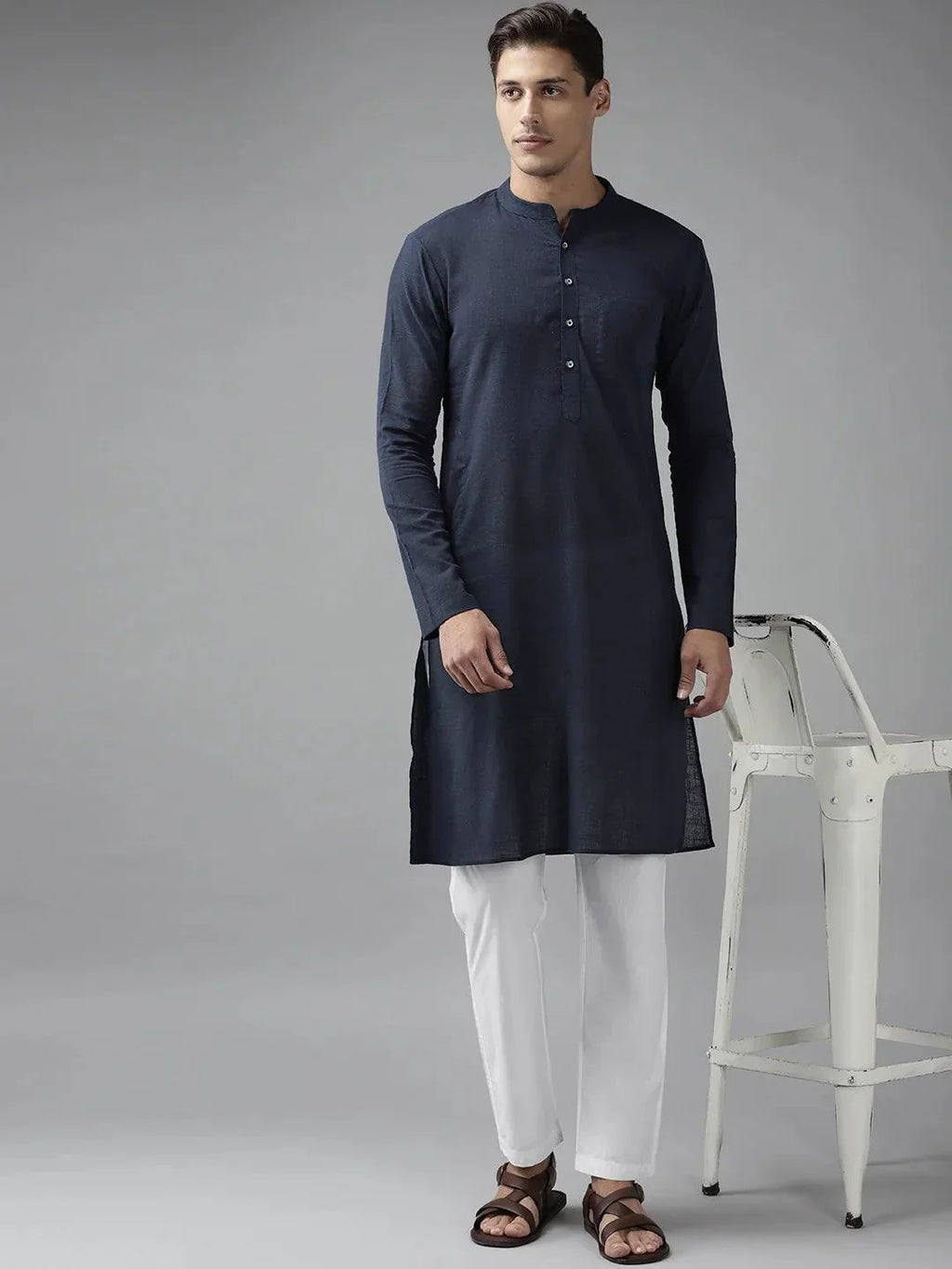 Fabmade Men Navy Blue Cotton Linen Kurta