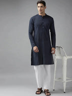 Fabmade Men Navy Blue Cotton Linen Kurta