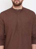 Even Apparels Brown Solid Kurta With Band Collar - Distacart