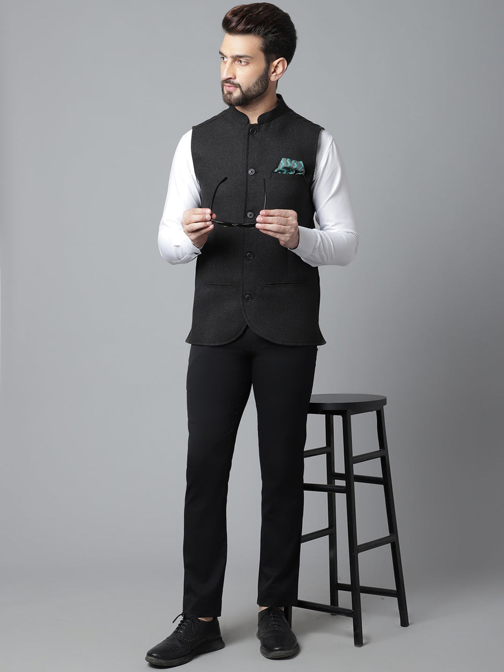 Even Apparels Men's Black Pure Wool Nehru Jacket