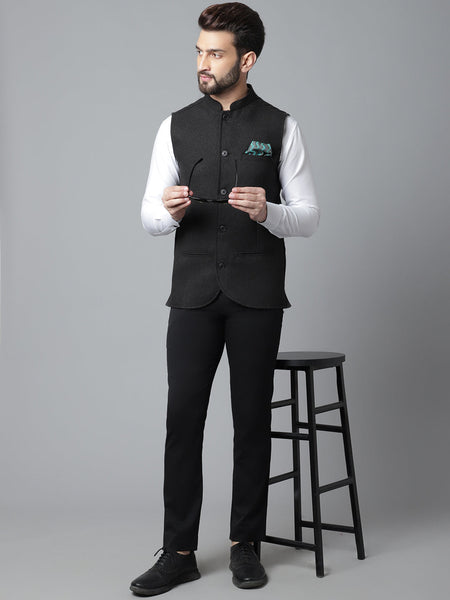 Even Apparels Men's Black Pure Wool Nehru Jacket
