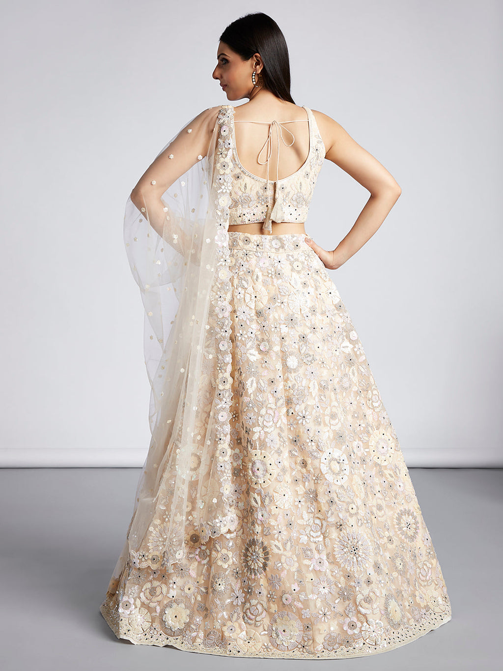House of Panchhi Cream Net Sequins, Mirror And Thread Embroidery Lehenga Choli & Dupatta