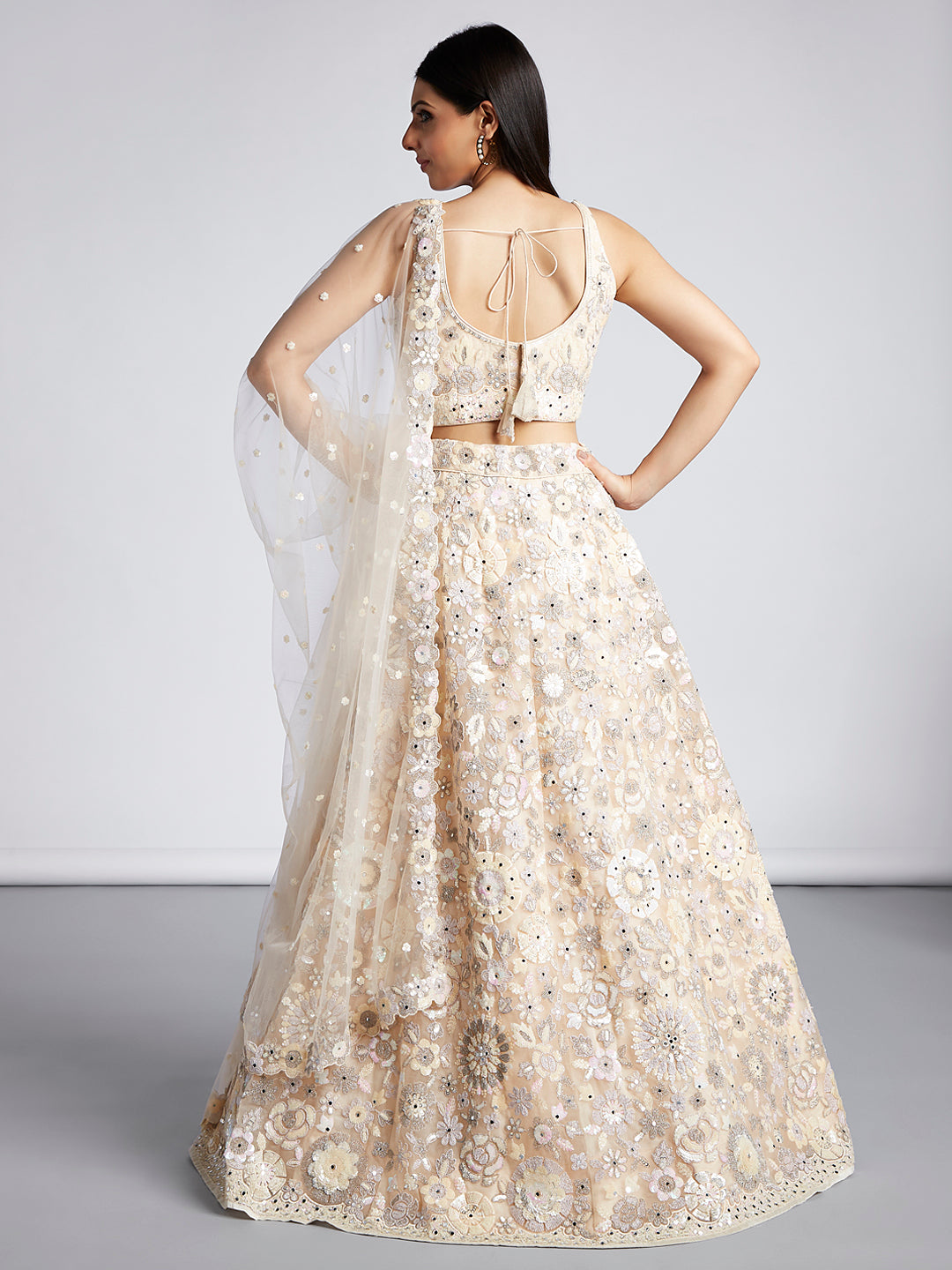 House of Panchhi Cream Net Sequins, Mirror And Thread Embroidery Lehenga Choli & Dupatta