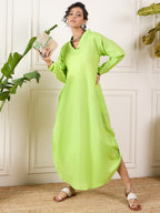 InWeave Neon Green Shawl Neck Long Side Pleat Dress - Distacart