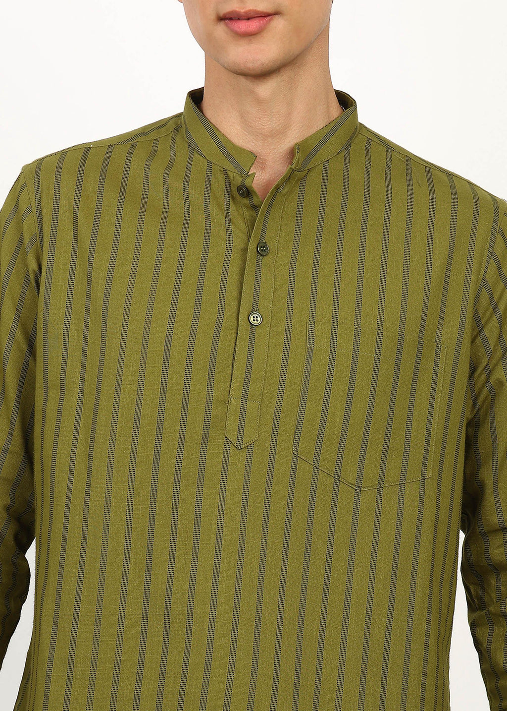 Fabmade Olive Stripe Linen Kurta