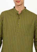 Fabmade Olive Stripe Linen Kurta