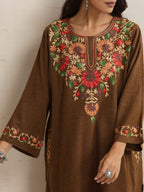 trueBrowns Brown Kashmiri Floral Embroidered Woollen Phiran Kurta - Distacart