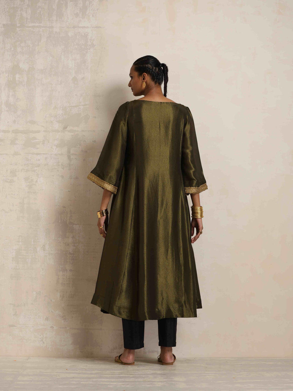trueBrowns Olive Green Tissue Flared Anarkali Kurta Set - Distacart