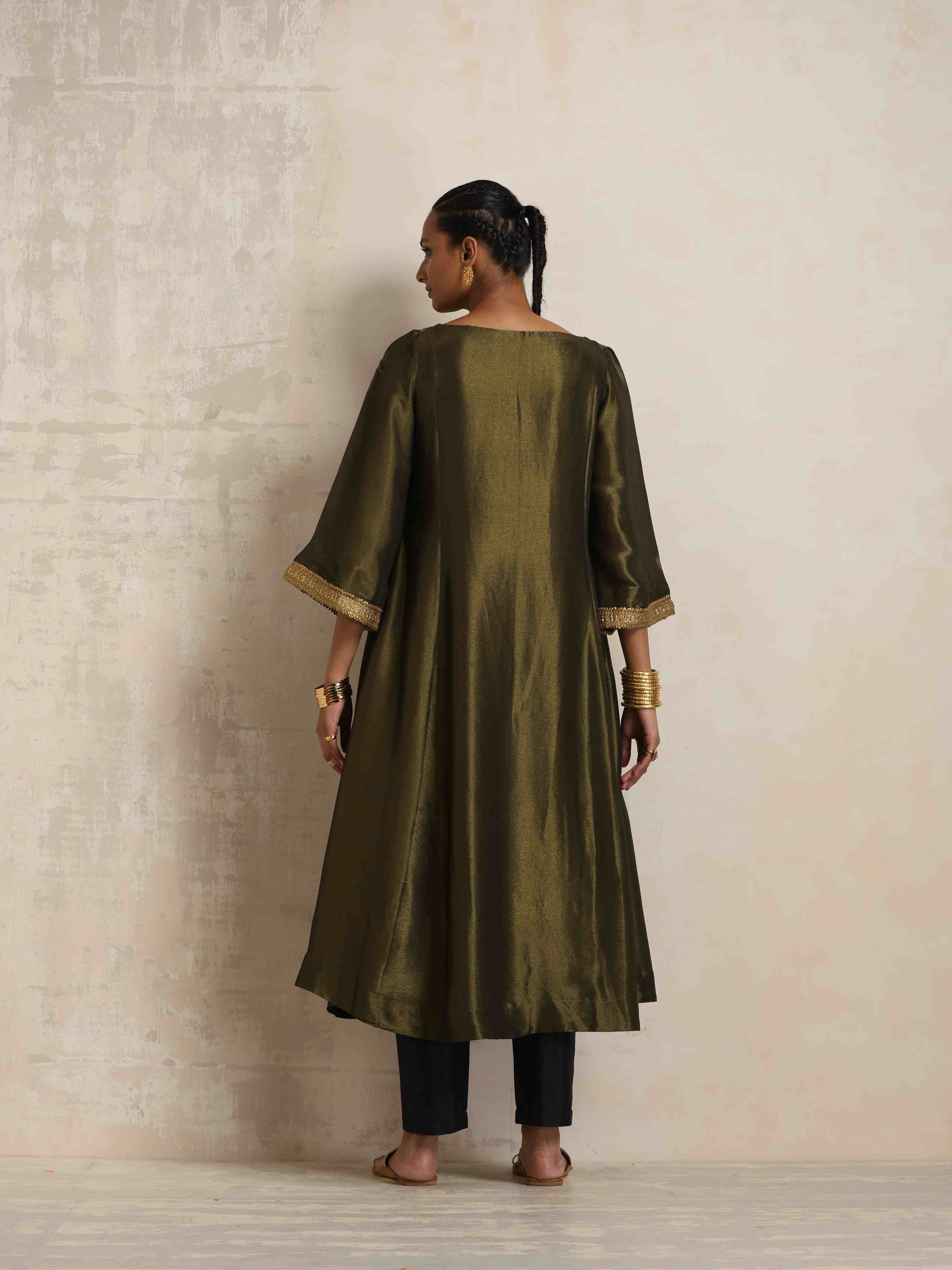 trueBrowns Olive Green Tissue Flared Anarkali Kurta Set - Distacart