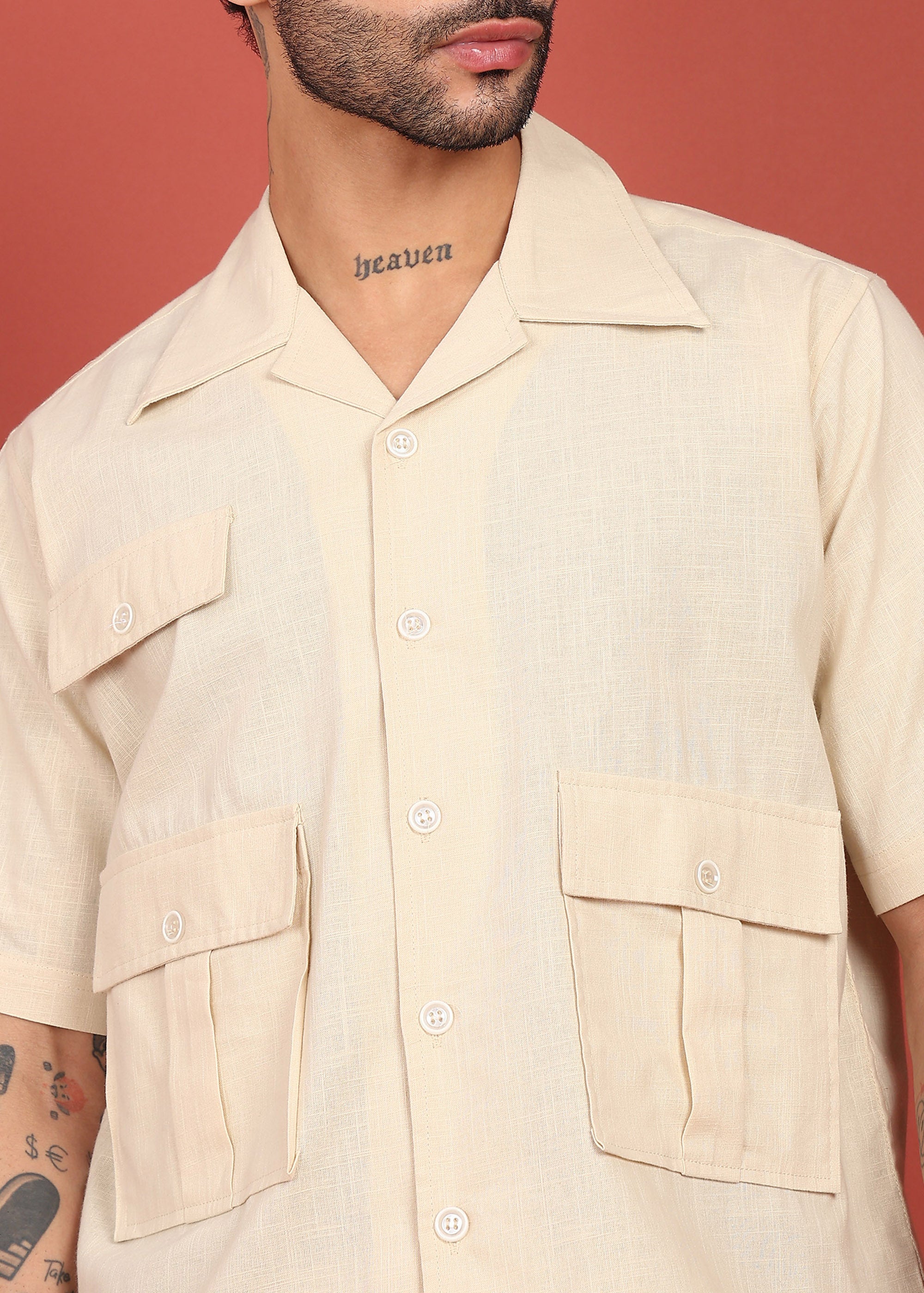 Fabmade Men Beige Cotton Linen Coort-Set Shorts