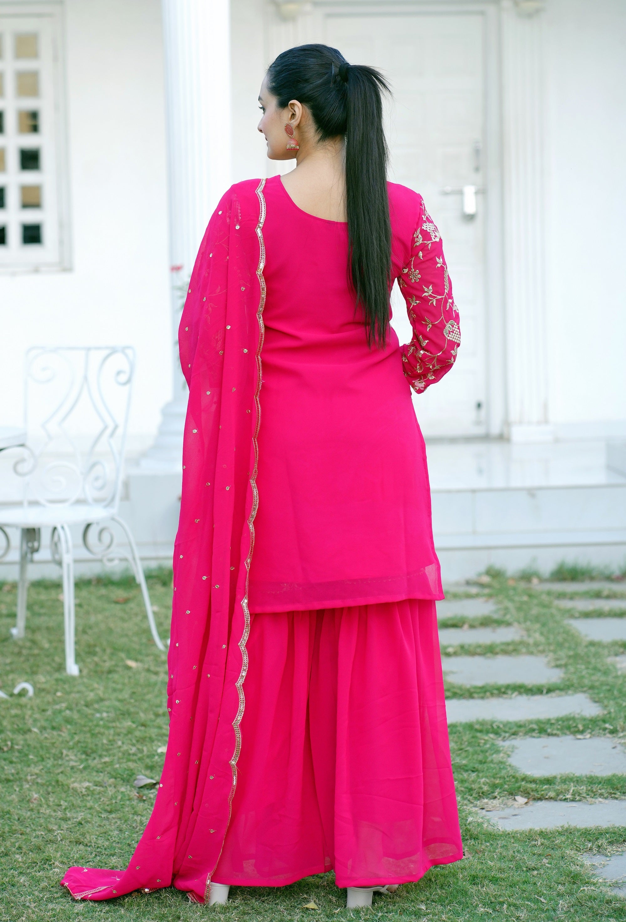 Teeya Creation Pink Color Faux Georgette Heavy Embroidery Work Fully Stitched Sharara Suit