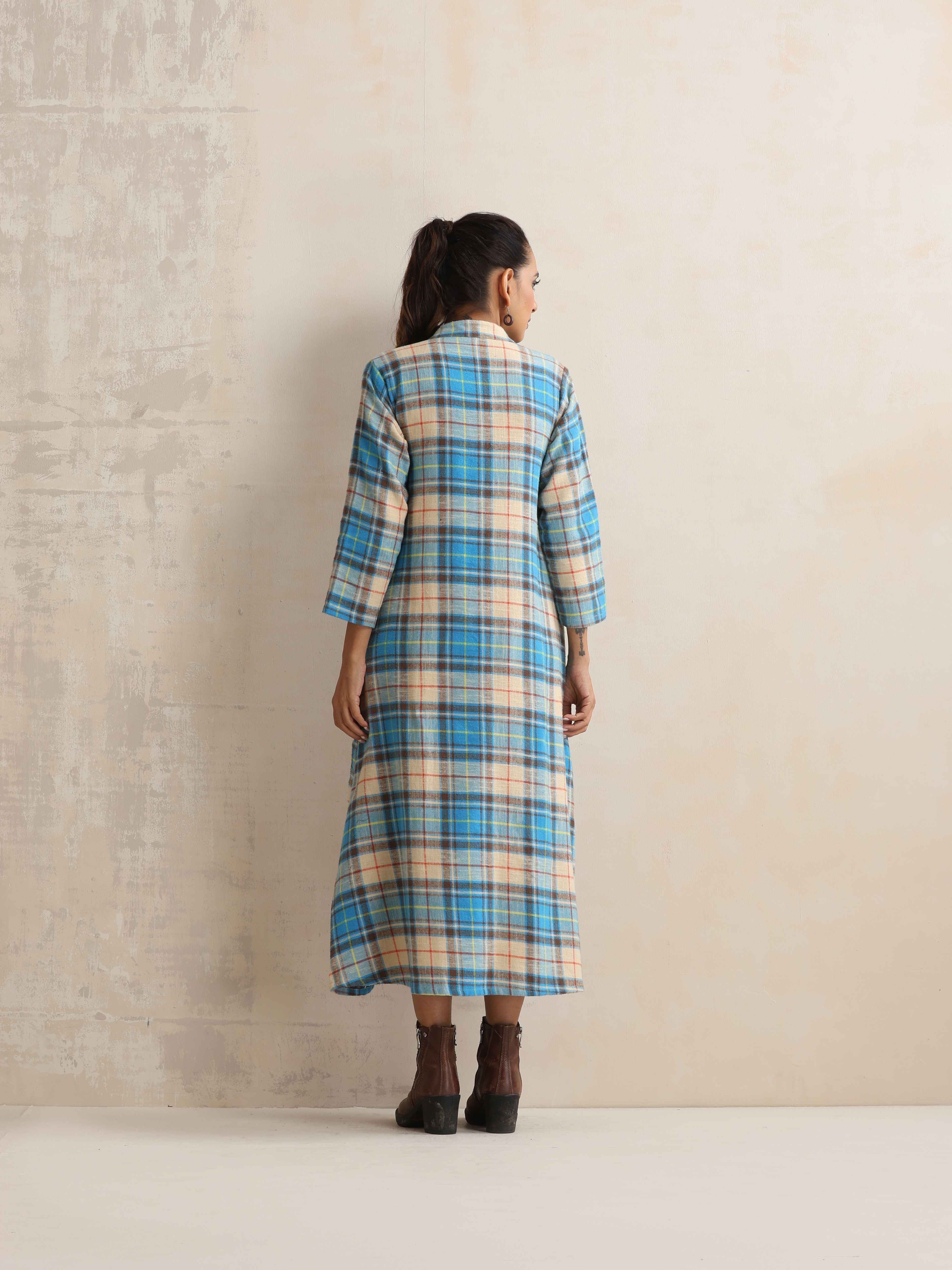 trueBrowns Beige Check Flared Winter Dress - Distacart
