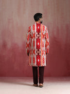trueBrowns Men's Maroon Ikat Print Mandarin Collar Kurta