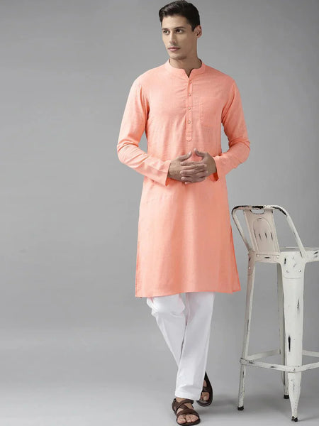 Fabmade Men Peach Cotton Linen Kurta