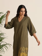 trueBrowns Olive Cotton Embroidered Dress - Distacart