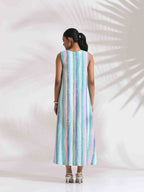 trueBrowns Green Cotton Multi Stripe Flared Dress - Distacart