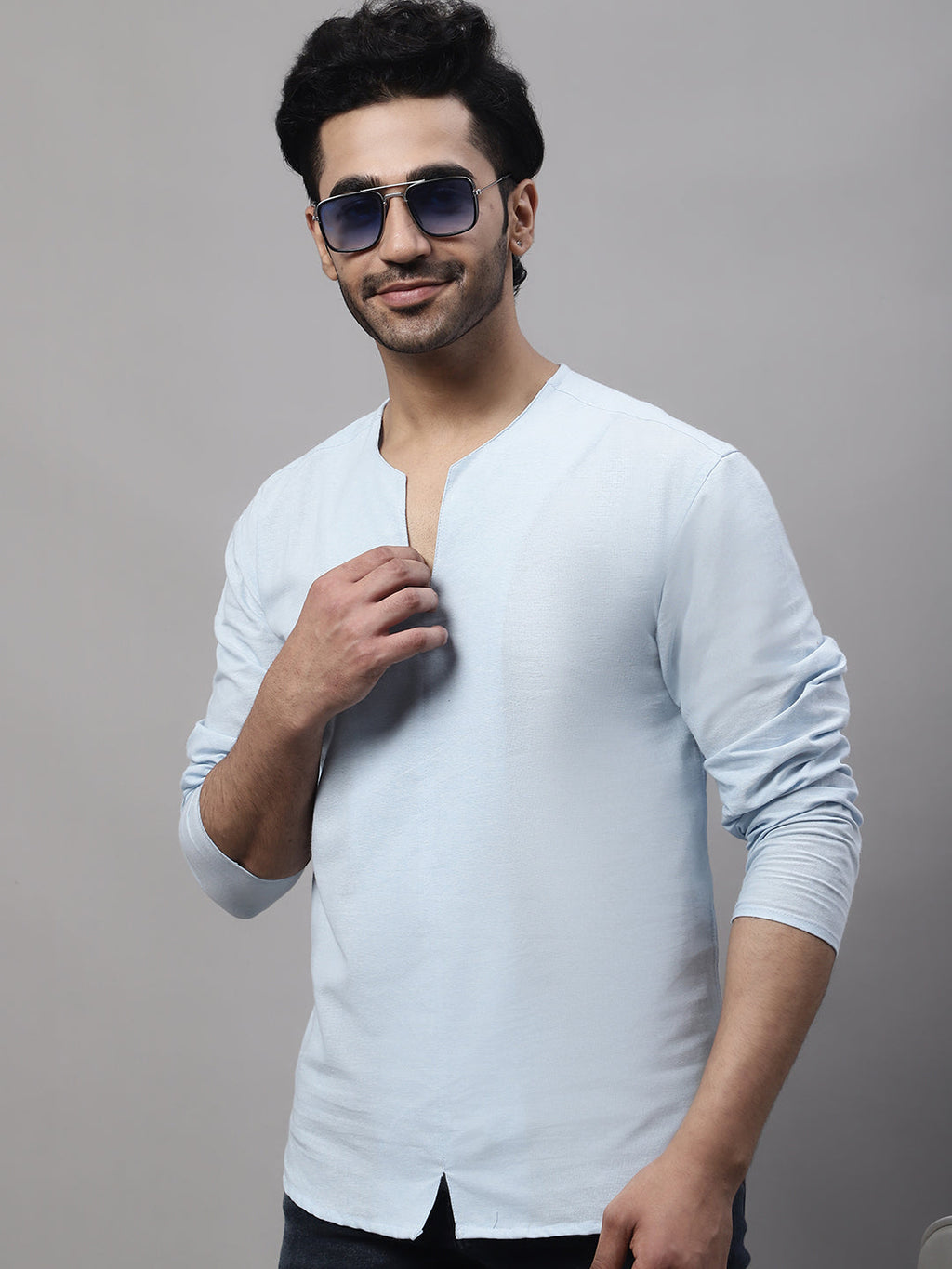 Even Apparels Blue Pure Cotton Open Neck Kurta - Distacart