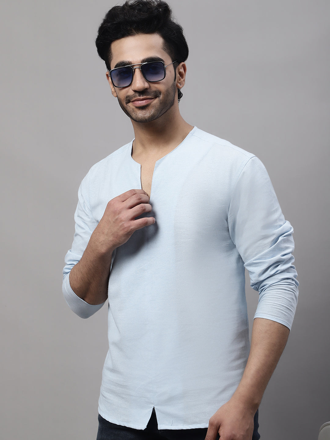 Even Apparels Blue Pure Cotton Open Neck Kurta - Distacart