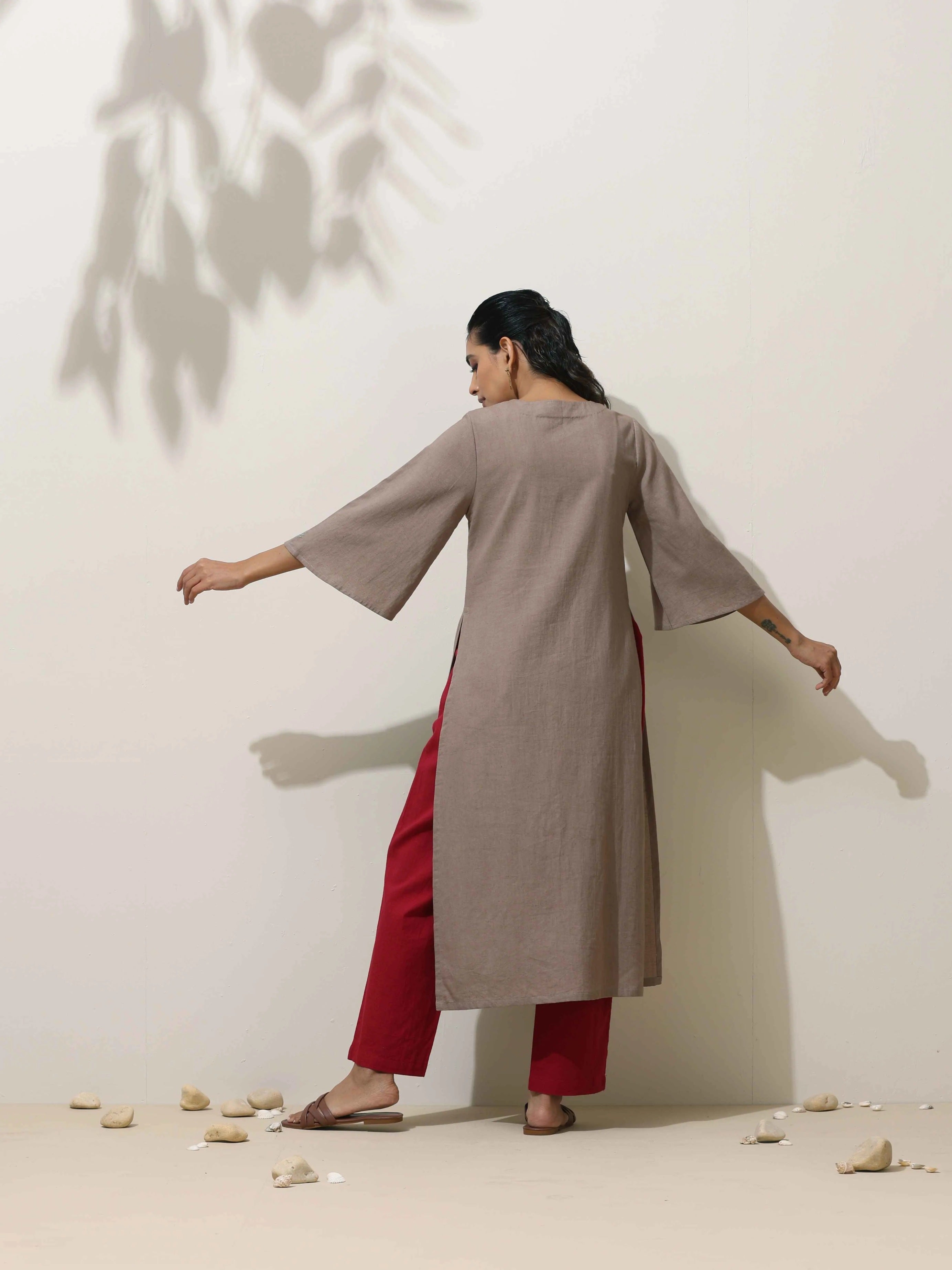 trueBrowns Grey Cotton Linen Kurta Pant Set - Distacart