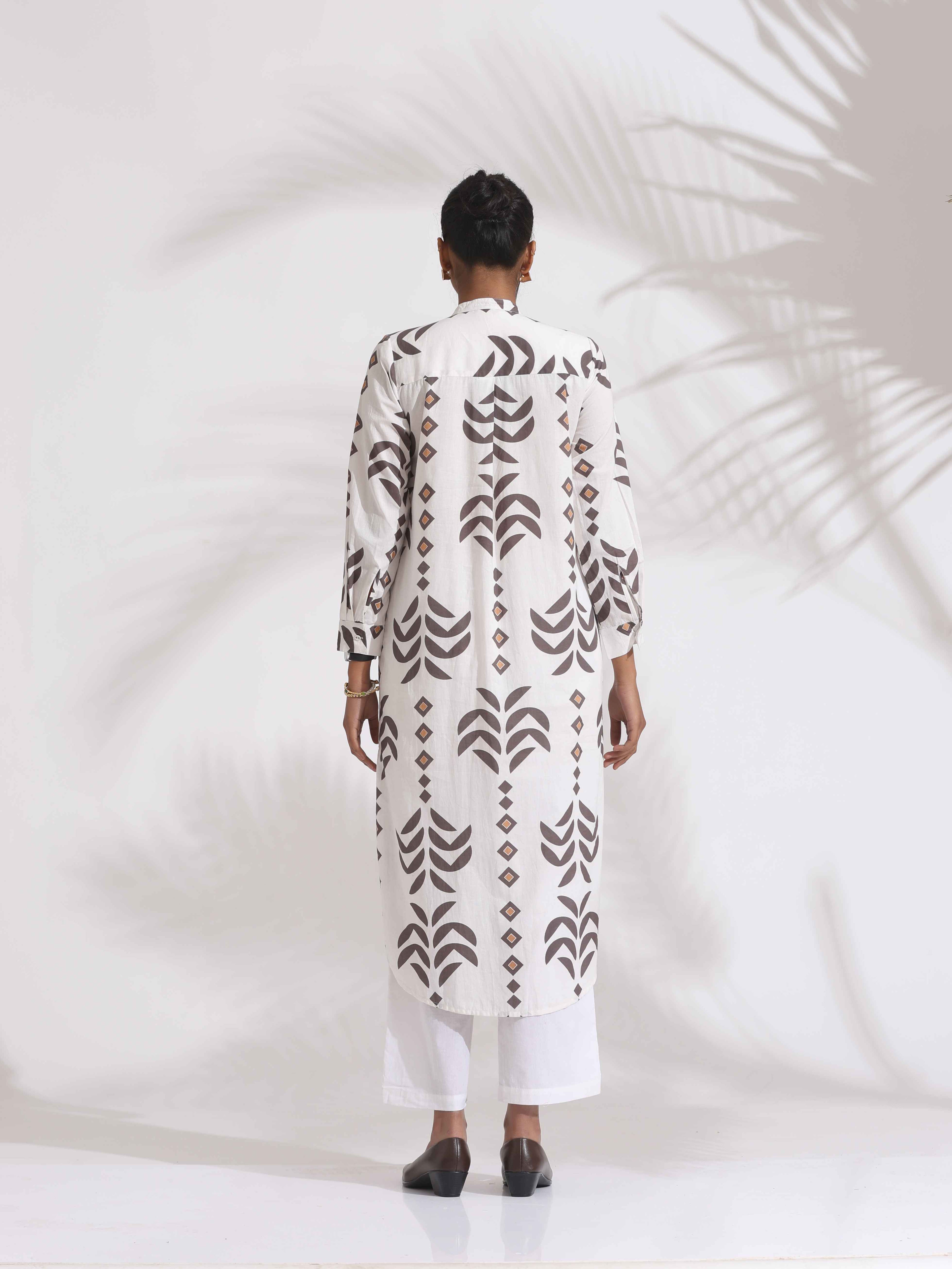 trueBrowns White Cotton Stripe Print Pleated Kurta Set - Distacart
