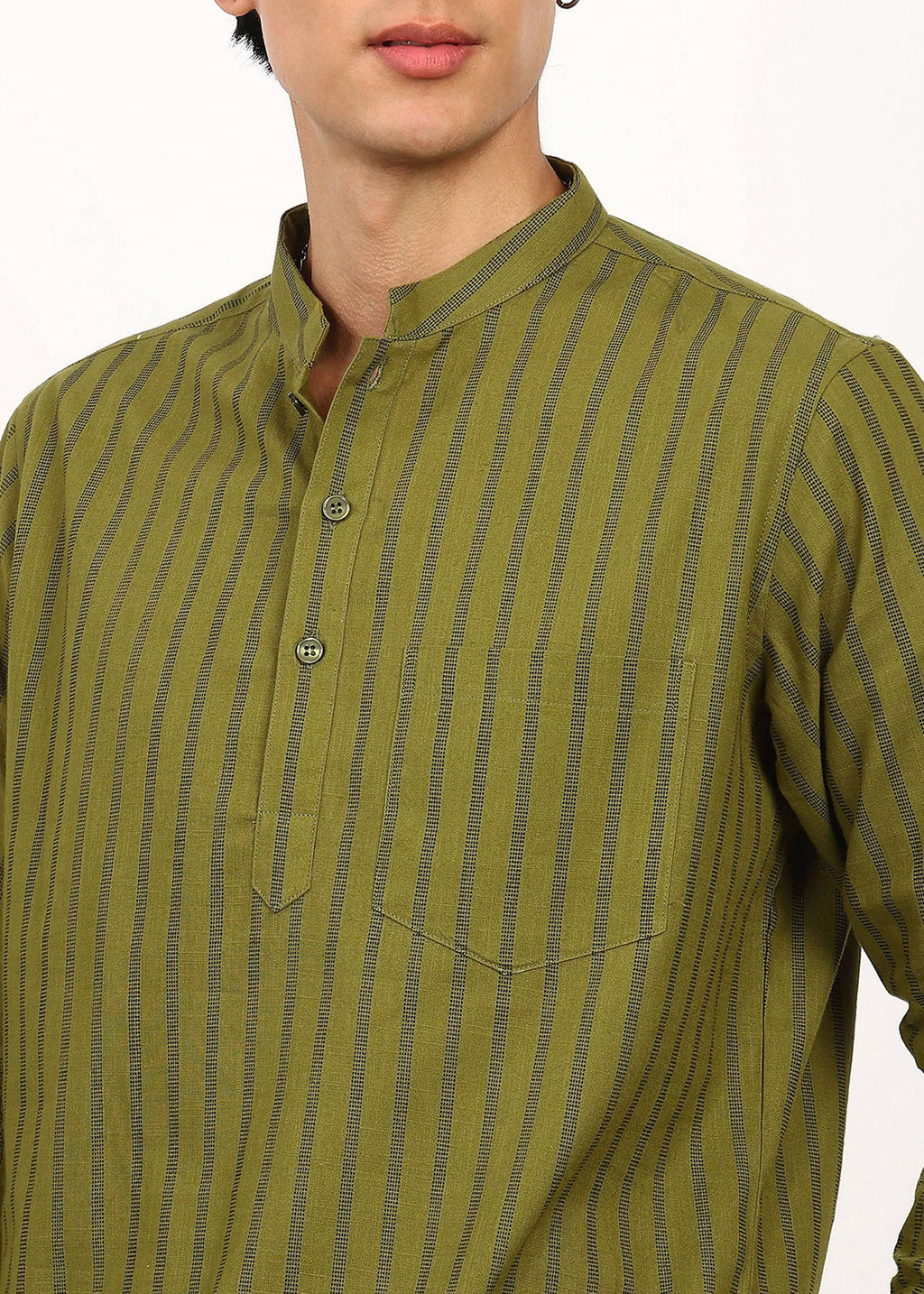 Fabmade Olive Stripe Linen Kurta Set
