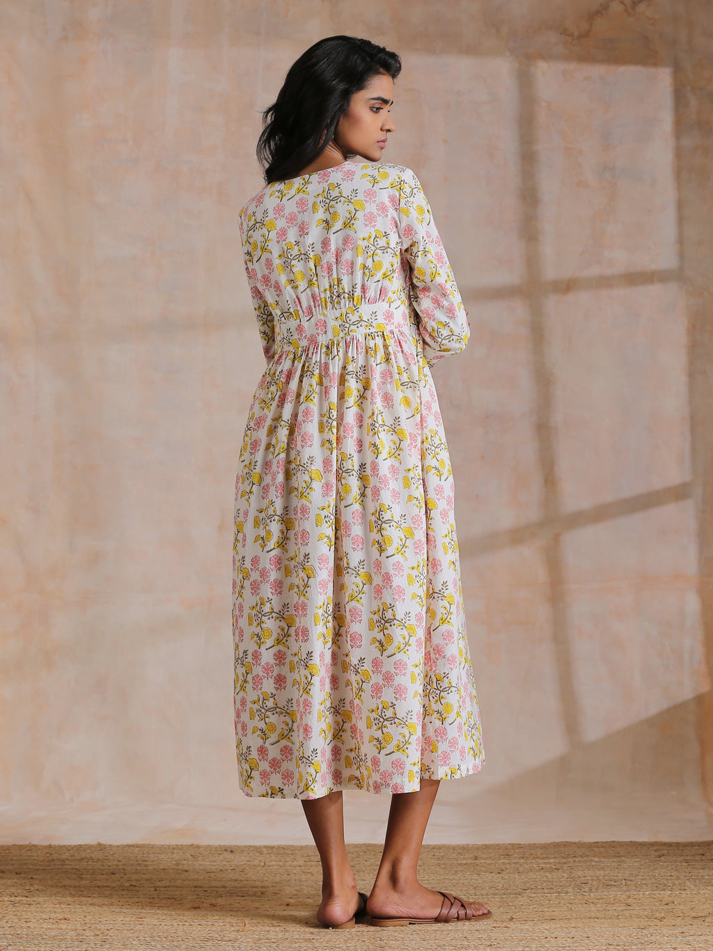 trueBrowns Pink Yellow Floral On White Block Print Cotton Wrap Dress - Distacart