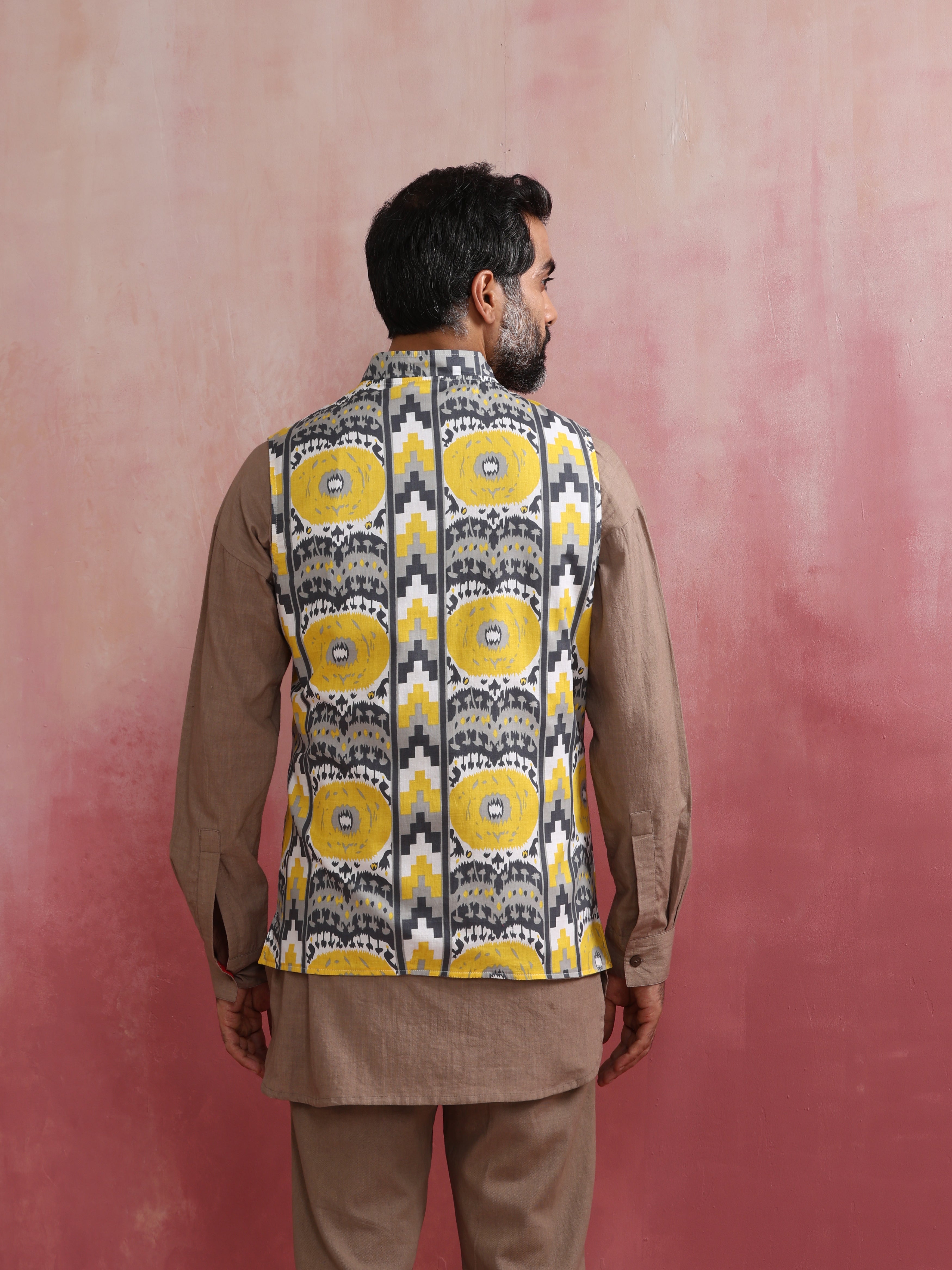 trueBrowns Men's Grey Ikat Print Cotton Reversible Nehru Jacket