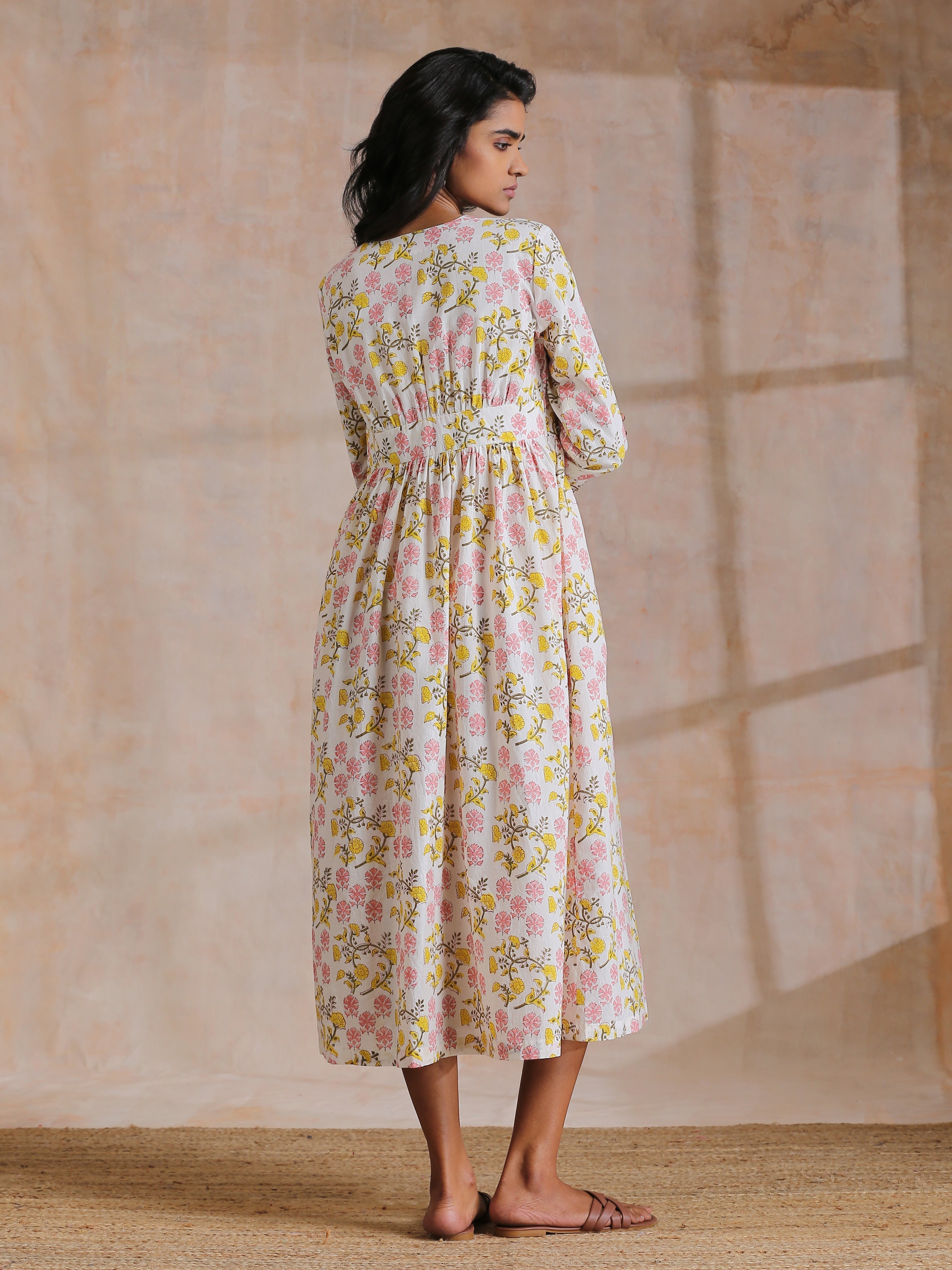 trueBrowns Pink Yellow Floral On White Block Print Cotton Wrap Dress | Relove - Distacart