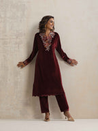 trueBrowns Maroon Velvet Floral Embroidered Kurta Pant Dupatta Set - Distacart