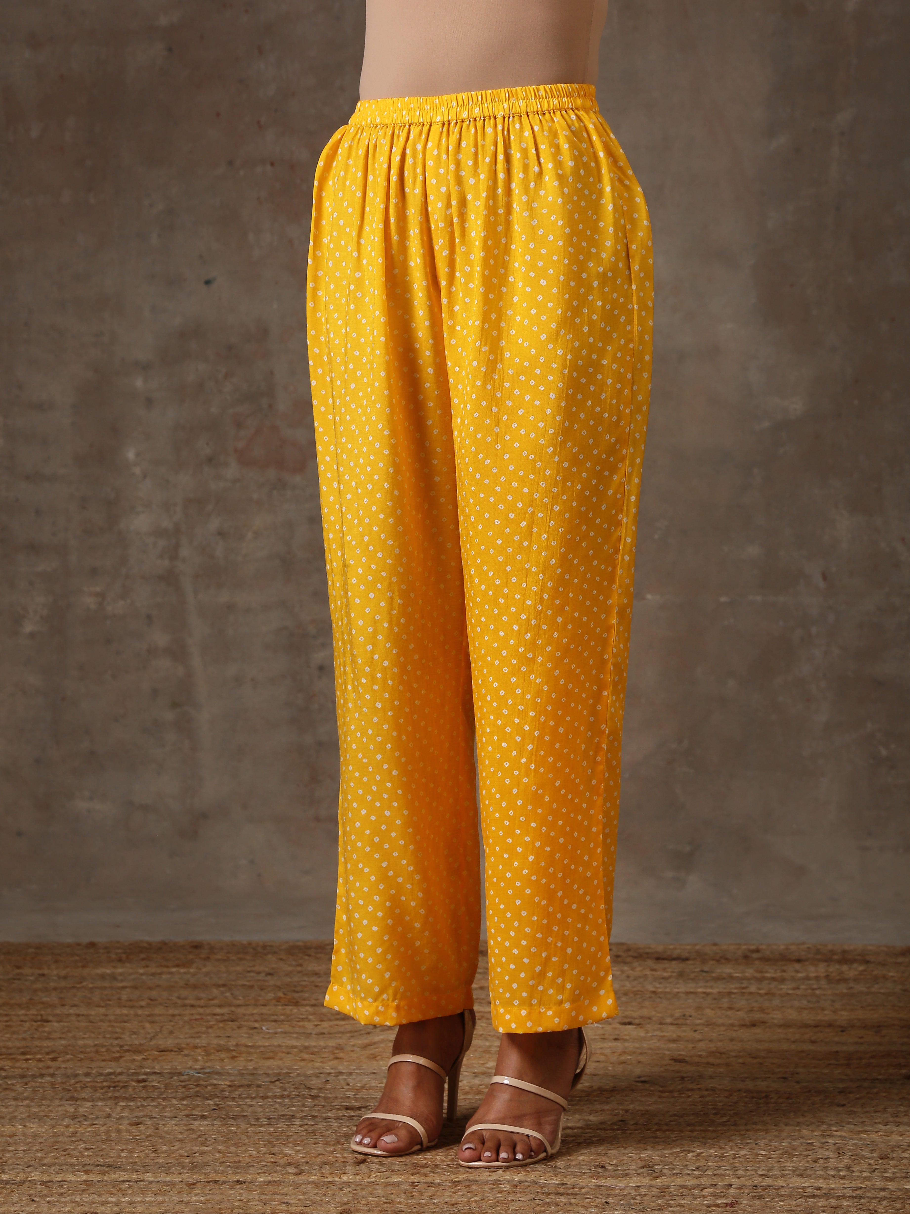 trueBrowns Yellow Bandhani Flare Printed Silk Co-Ord Set | Relove - Distacart