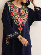 trueBrowns Blue Floral Embroidered Woollen Phiran Kurta - Distacart