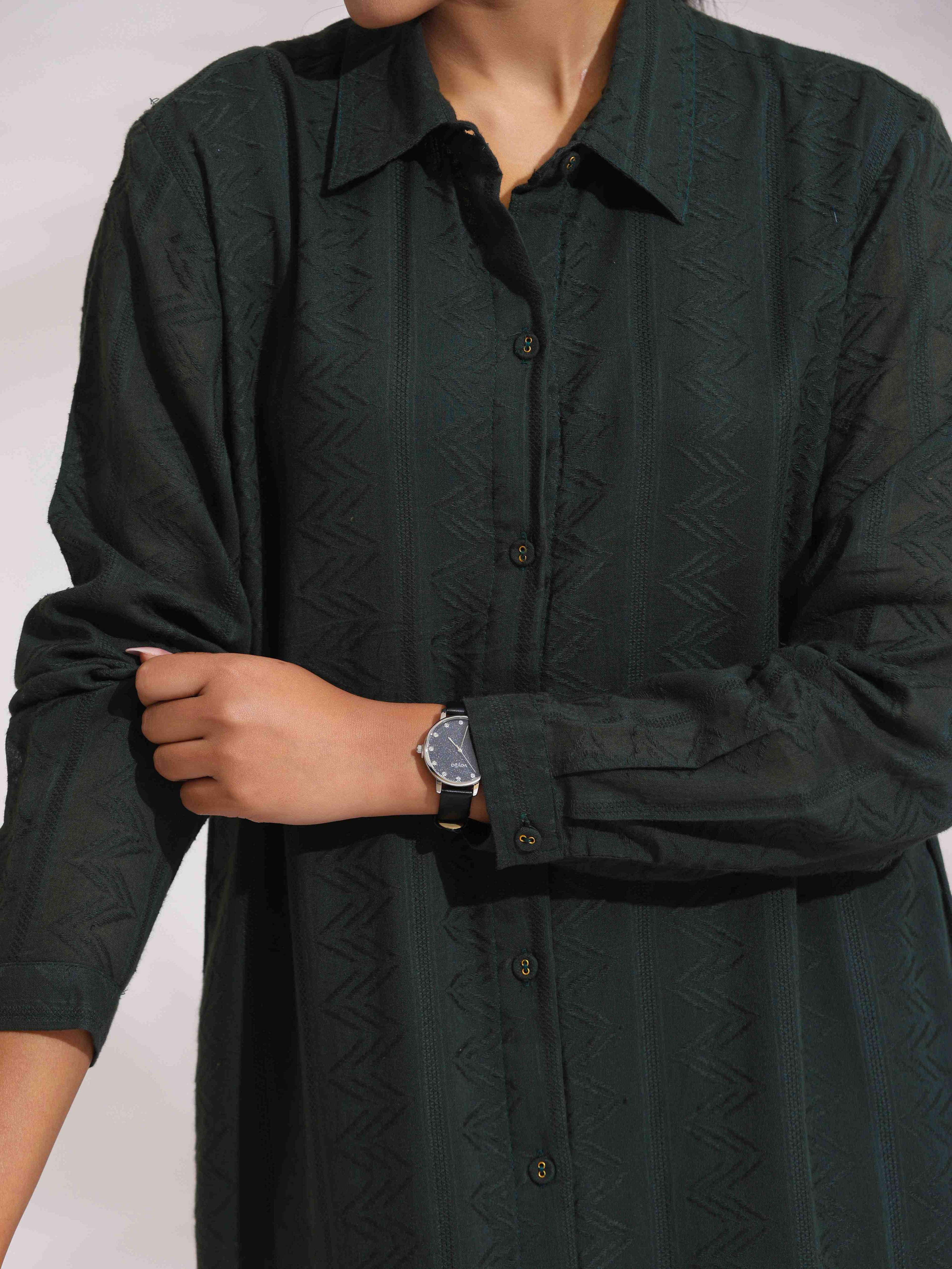 trueBrowns Green Cotton Shirt Dress - Distacart