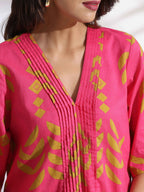 trueBrowns Pink Cotton Print pleated Dress - Distacart