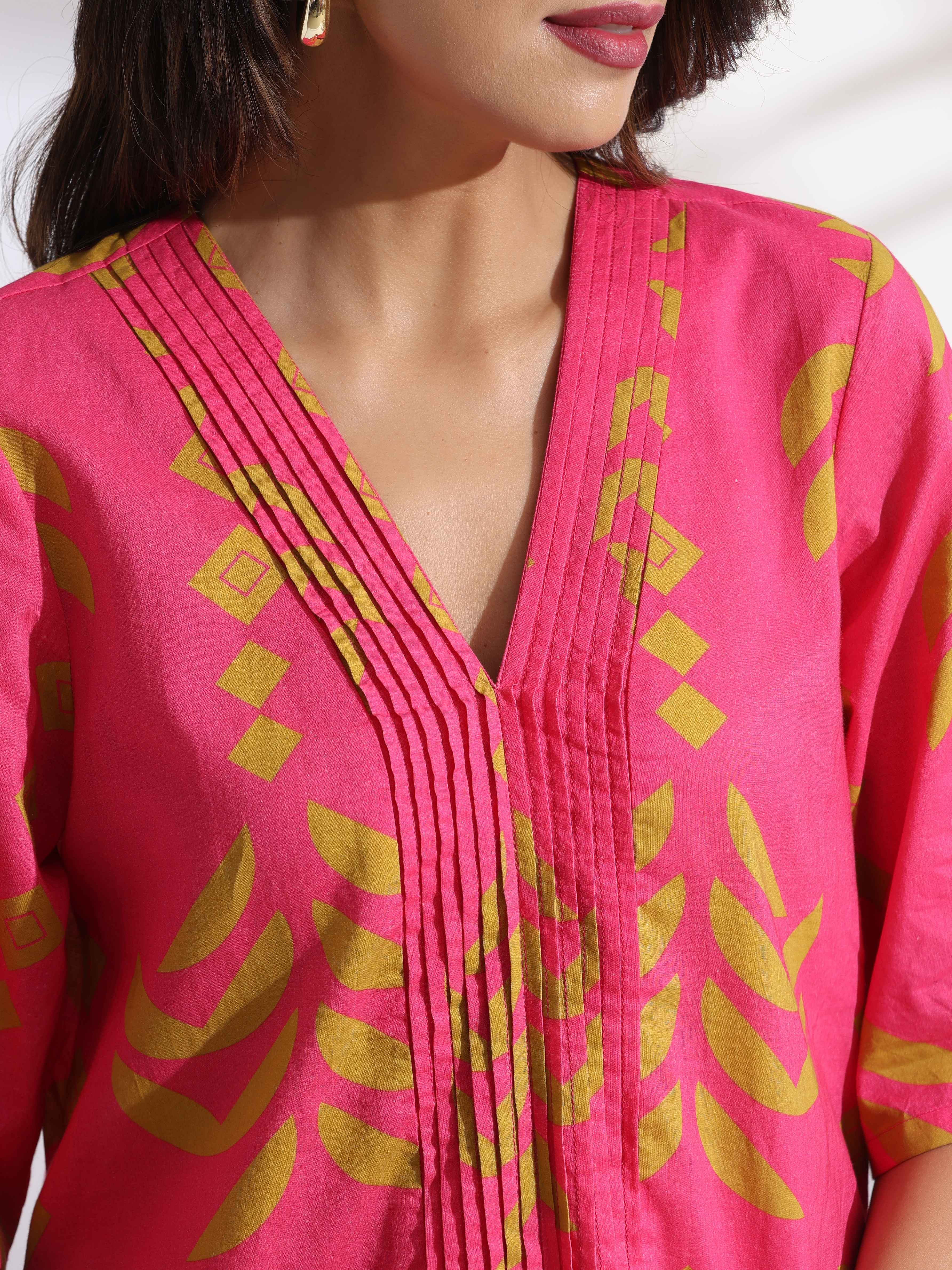 trueBrowns Pink Cotton Print pleated Dress - Distacart