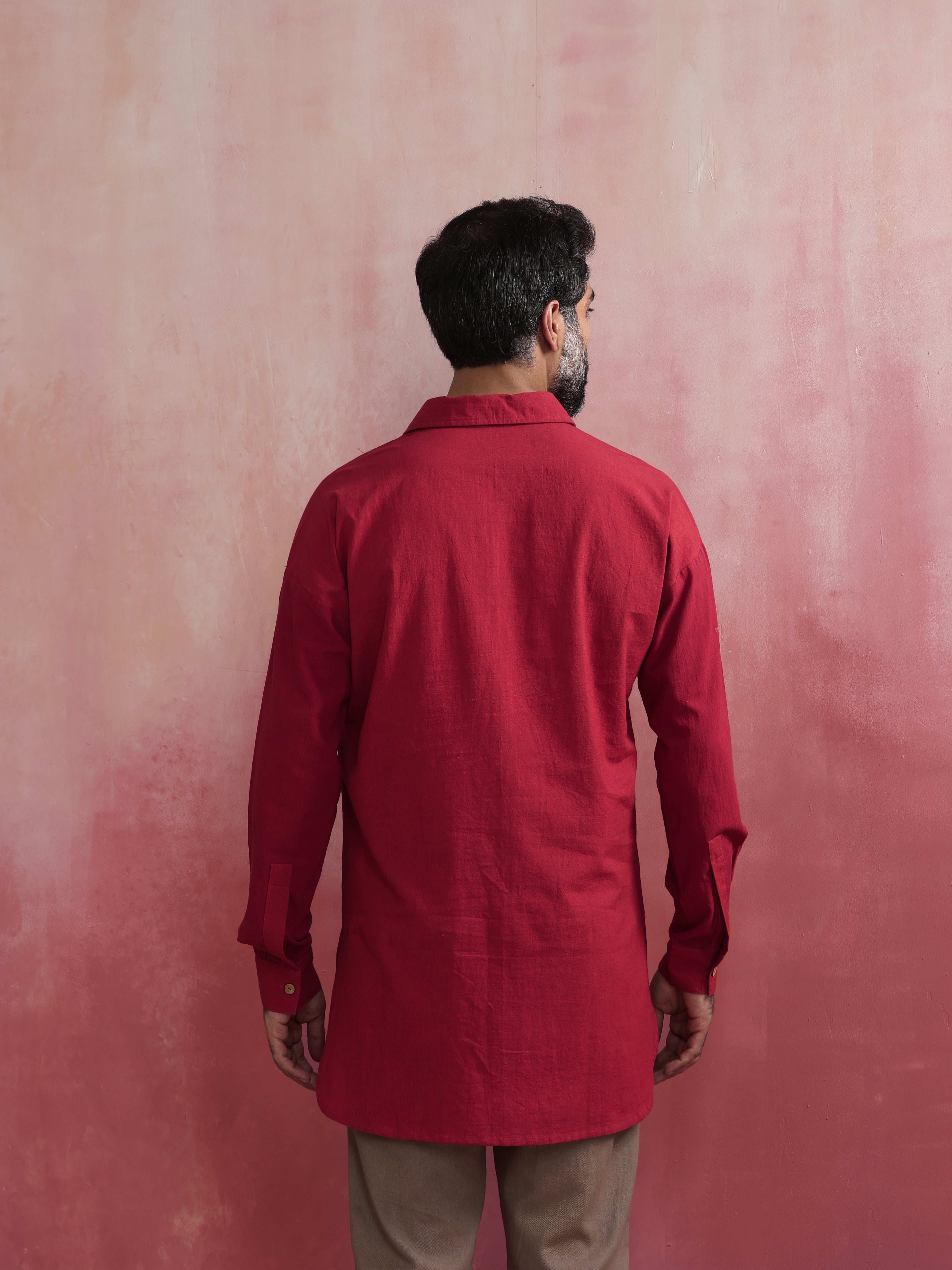trueBrowns Men's Maroon Cotton Shirt Collar Stylized Kurta