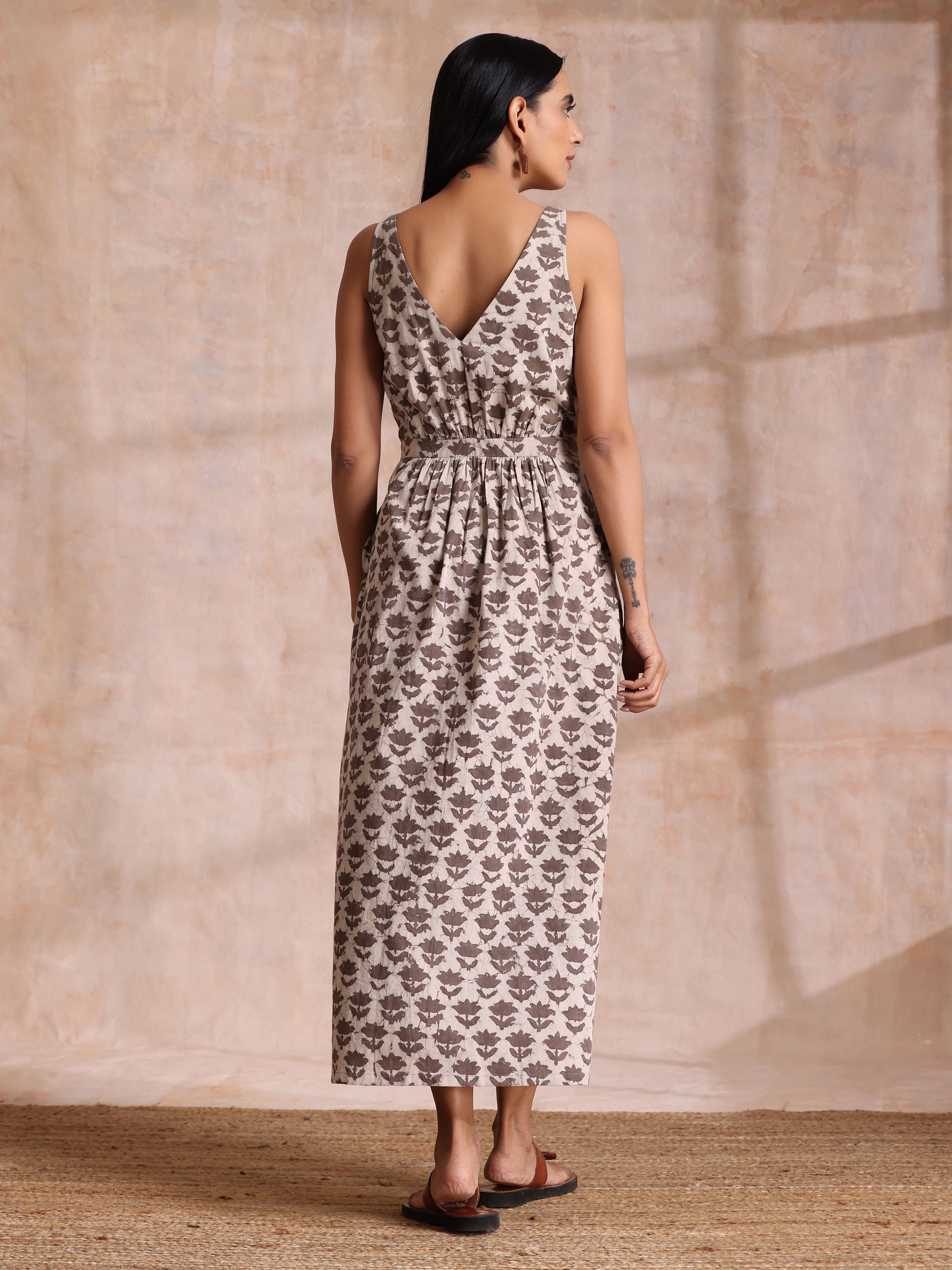 trueBrowns Clay Dabu Buta Print Cotton Sleeveless Wrap Dress - Distacart