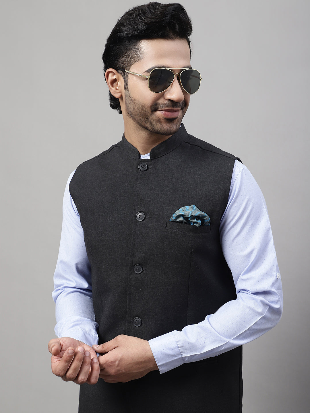 Even Apparels Men's Grey Nehru Jacket With Welt Pockets