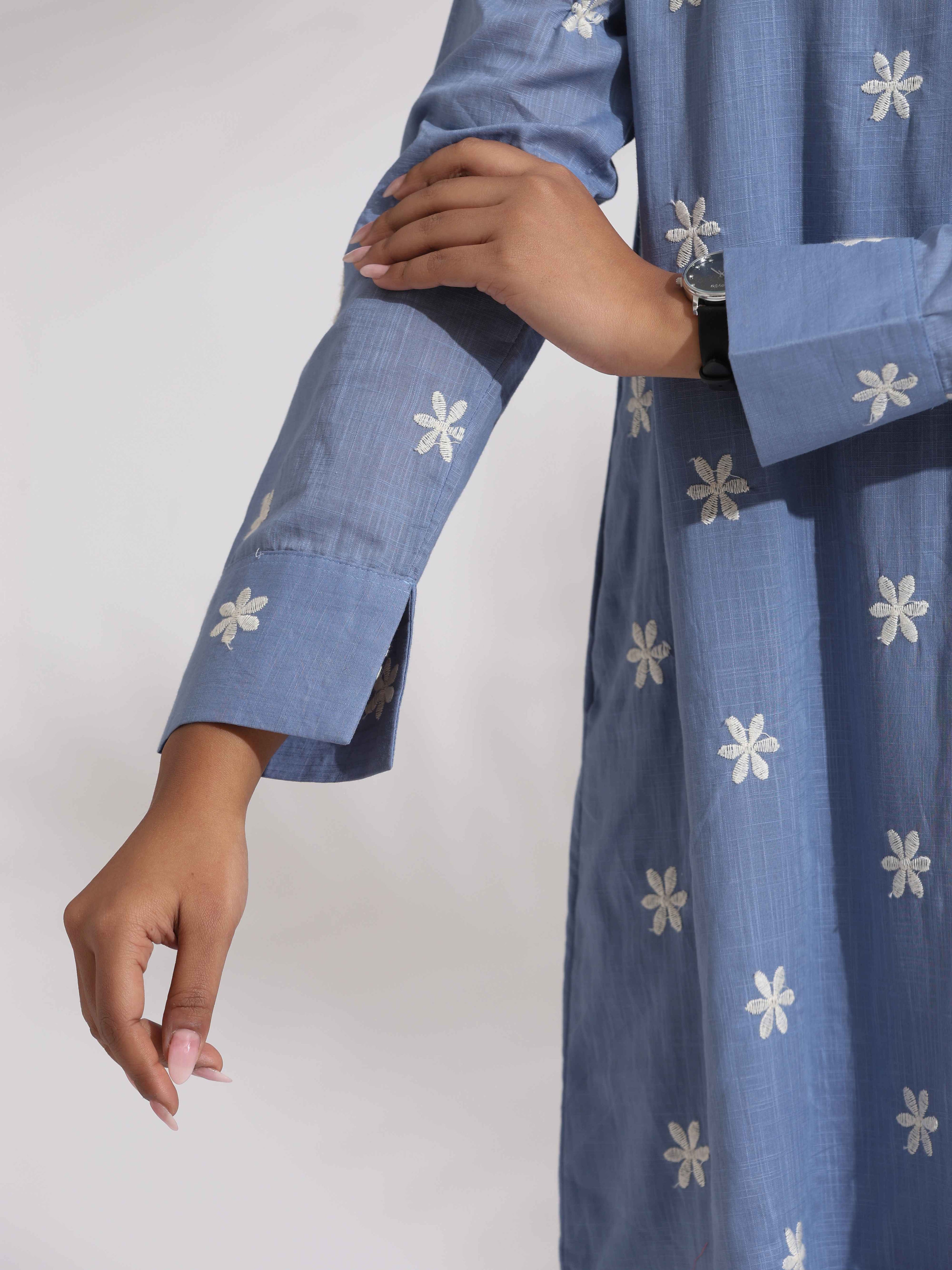 trueBrowns Blue Cotton Floral Embroidered Dress - Distacart