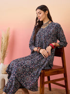 InWeave Navy Maroon Ajrakh Foil V Neck Kurta Pant Set