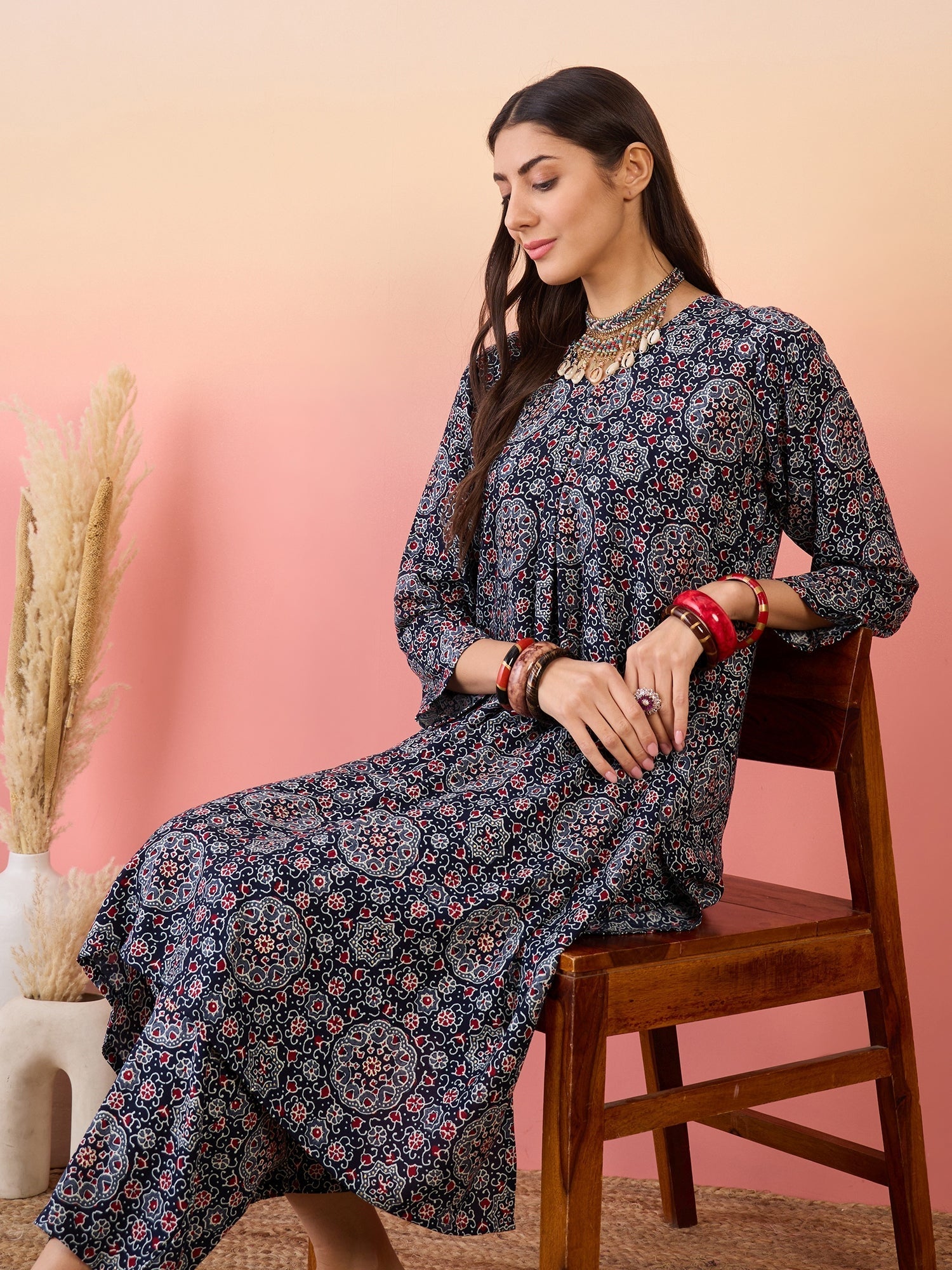 InWeave Navy Maroon Ajrakh Foil V Neck Kurta Pant Set