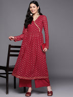 Ahalyaa Women Maroon Floral Empire Kurta with Palazzos