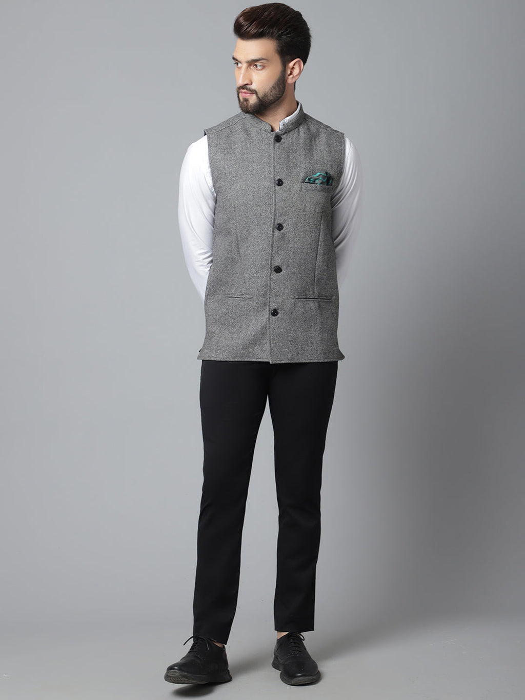 Even Apparels Men's Grey Pure Wool Nehru Jacket