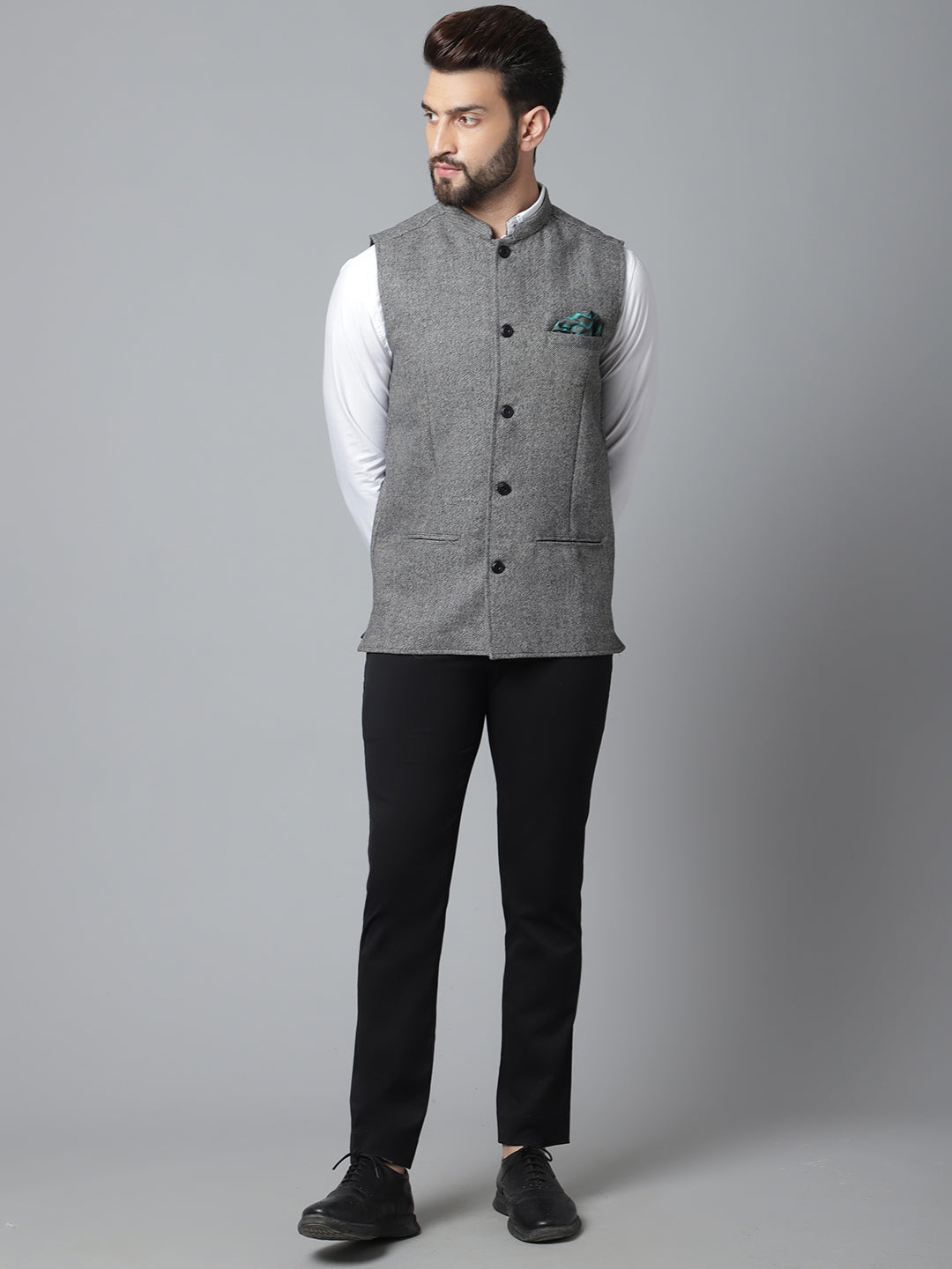 Even Apparels Men's Grey Pure Wool Nehru Jacket