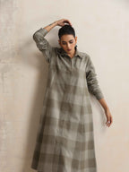 trueBrowns Green Check Flared Winter Dress - Distacart