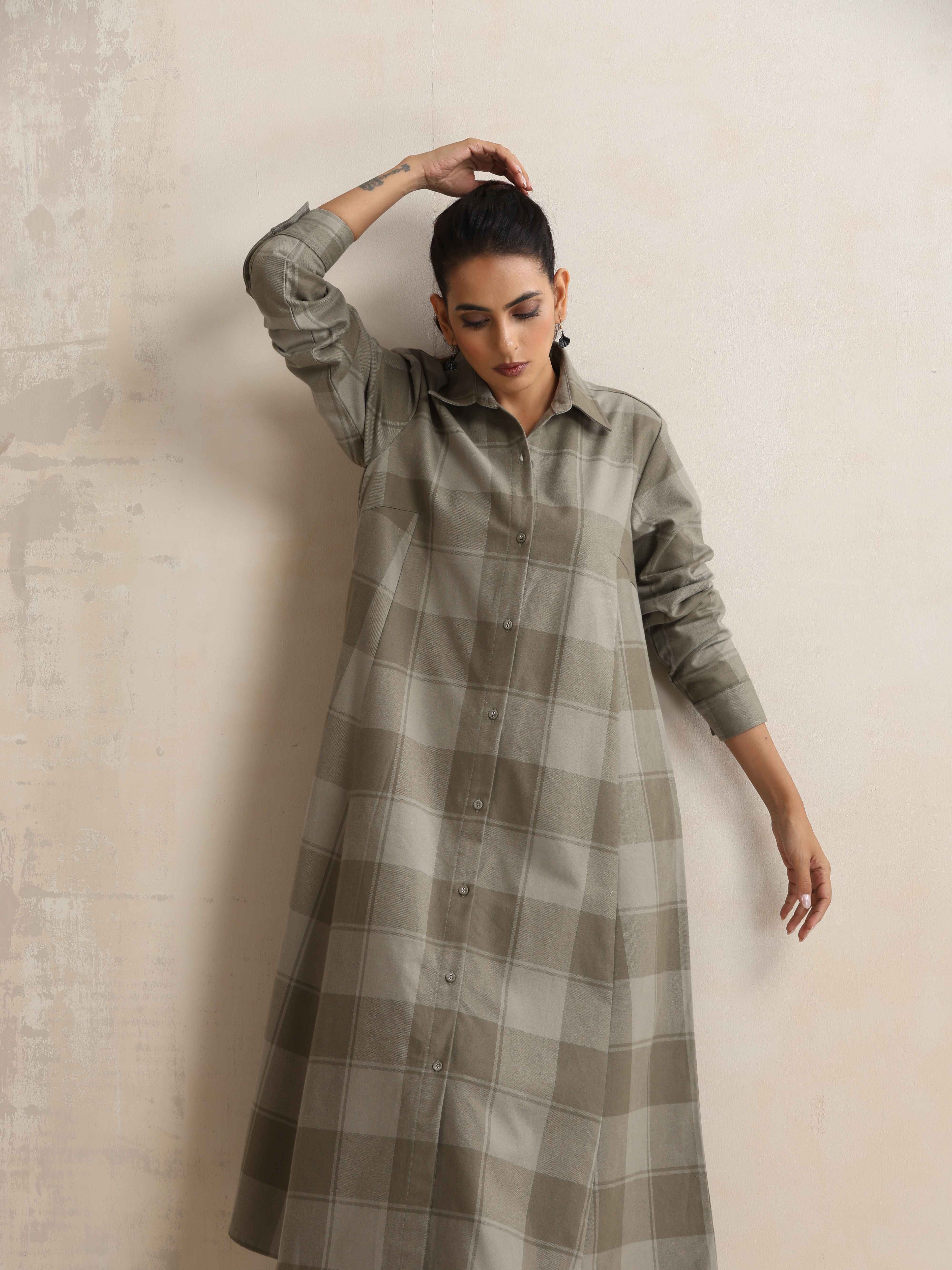 trueBrowns Green Check Flared Winter Dress - Distacart