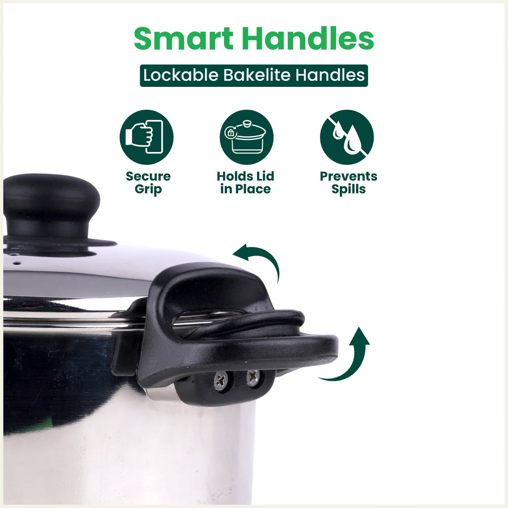 The Indus Valley Tri-steel Stainless Steel Rice Pot with Strainer Lid & Lockable Bakelite Handles, Tri-ply 3-Layer Heavy Bottom | Noodle/Pasta/Corn/Soya/Veggies Boiler Pot, Steamer Cooker, Induction & Gas, 1.08 Kg, 19cm, 3.5 L